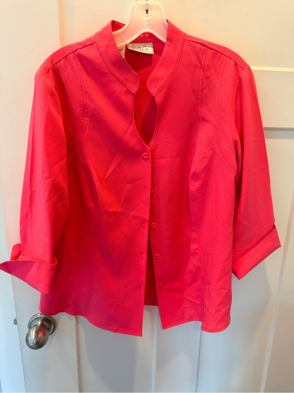Kathy Che Stretch Red Button Front Blouse Size 12 Roll Sleeve Top